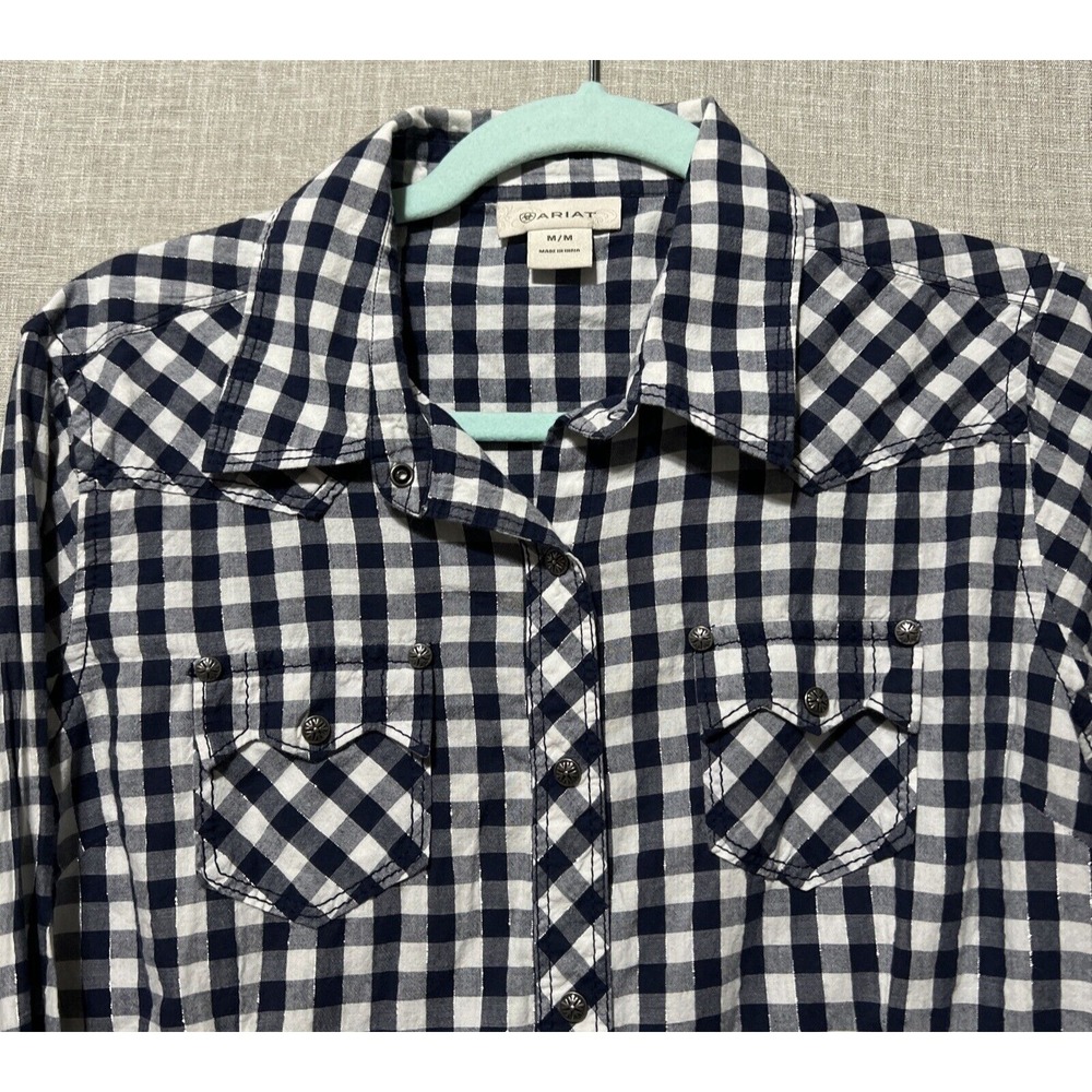 Ariat  Shirt Womens Medium Blue Check‎ Snap Shimmer Studded Western Rodeo
